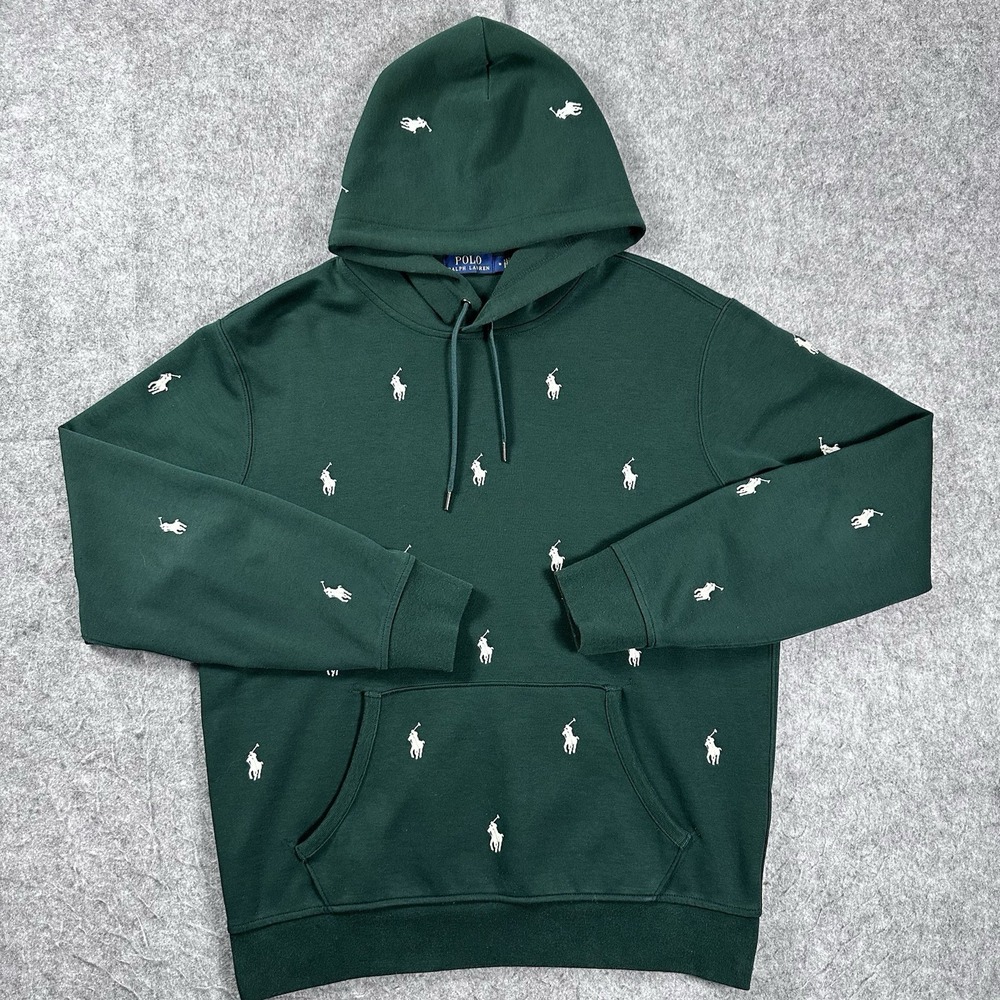 Polo Ralph Lauren All Over Pony Hoodie Mens M Green Embroidered Logo Pullover